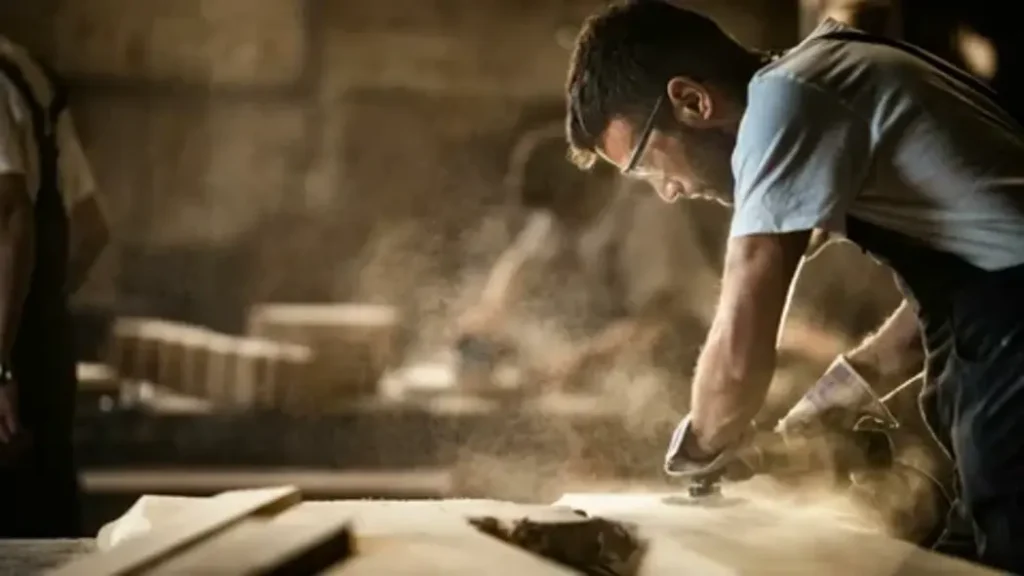 A construction professional reviewing blueprints inside a framed commercial building, showcasing carpentry for commercial spaces.