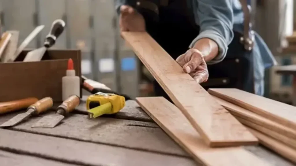 A professional carpenter in a hard hat examining blueprints inside a wooden house frame, representing professional carpentry services.