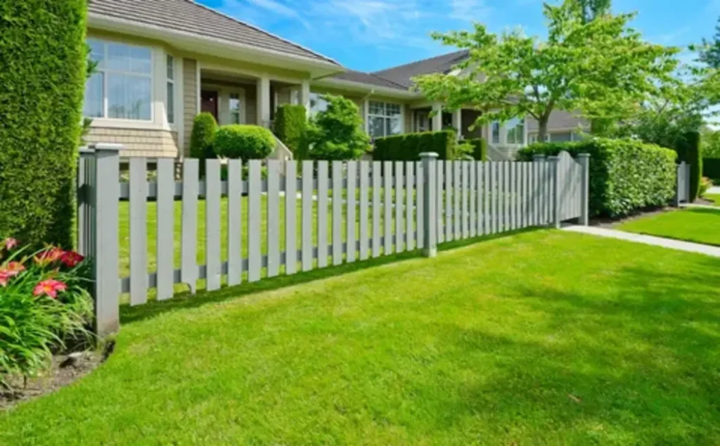 Professional contractor measuring and installing fence to meet local zoning and fence placement regulations.