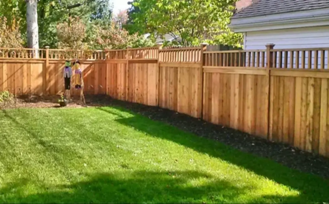Newly constructed metal fence along a residential property line, showcasing expert fencing services.