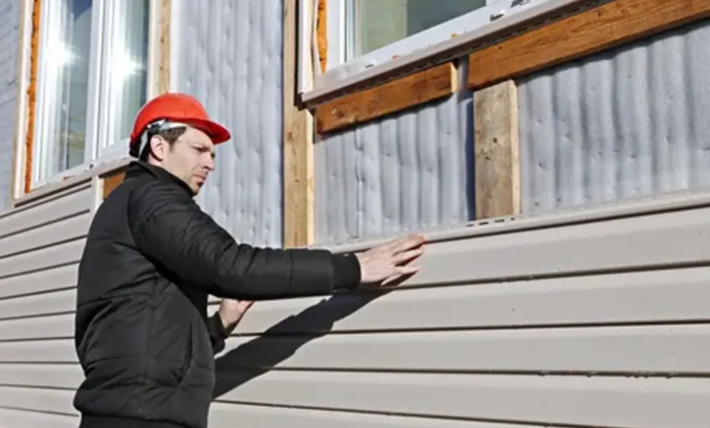 Professional contractor installing exterior panels as part of residential siding services during home construction.