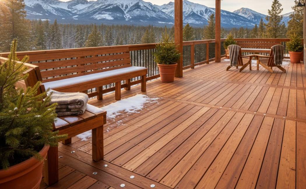 Custom cedar deck with built-in seating and mountain view — Montana outdoor living