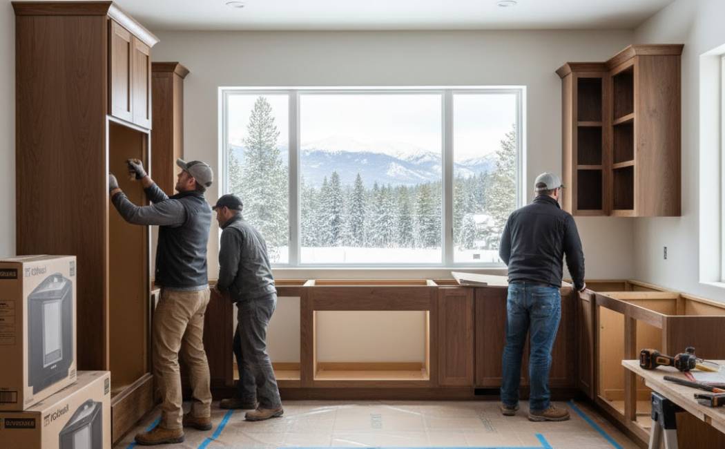 Kitchen remodel in Montana during winter season