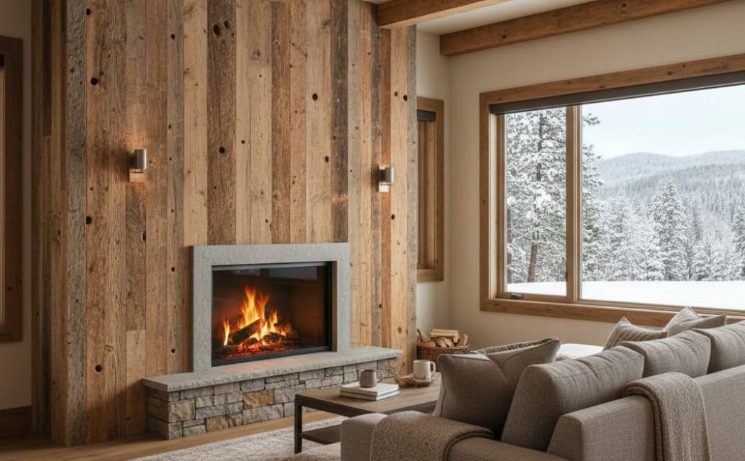 Living room with reclaimed wood accent wall and exposed beams — Montana rustic charm
