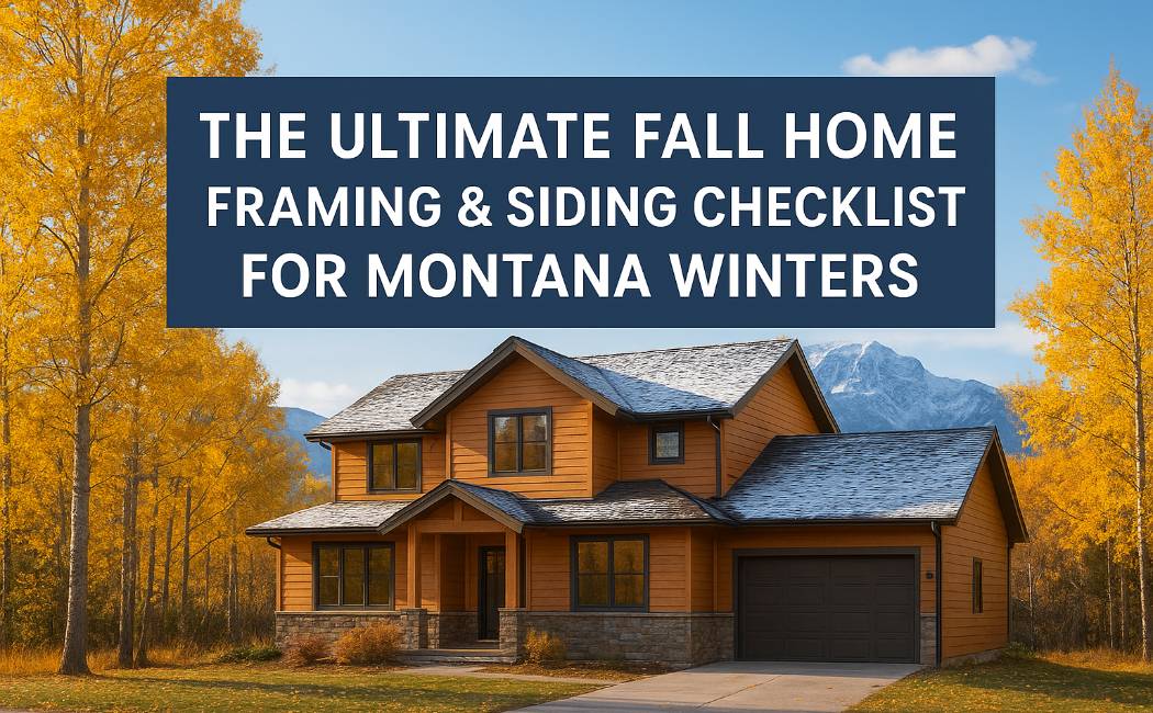 Modern Montana home with fresh wood siding and snow-dusted roof surrounded by golden fall trees, representing winter framing and siding preparation.