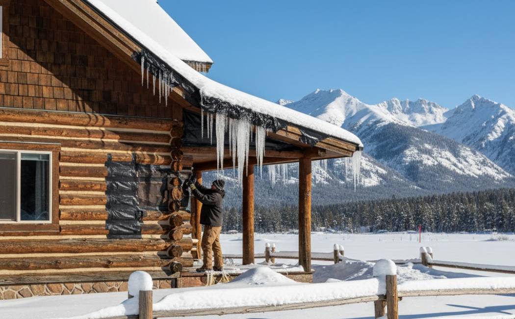 Montana winter home repair: snow and ice damage on siding, fences, and roof, repair work in progress, Kalispell, Whitefish, Columbia Falls