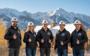 SCMG Custom Construction team standing in front of a newly built Montana home with mountains in the background, ready for winter siding and framing projects.