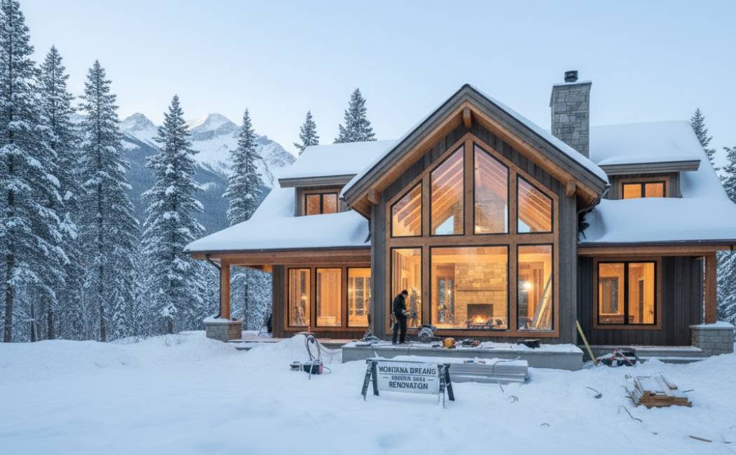 Winter home renovation in Montana with contractors working indoors