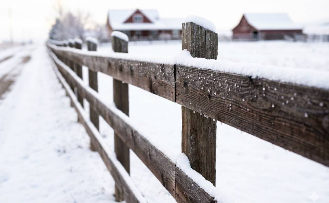 Cedar wood fence with snow at a Montana ranch
