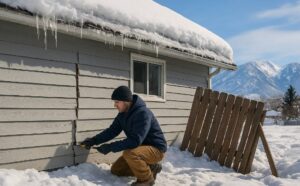 Montana home with cracked siding and snow, ice damage visible, Kalispell, Montana winter home repair