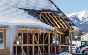 Montana home roof and framing under snow load, temporary bracing for structural safety, Columbia Falls, Montana