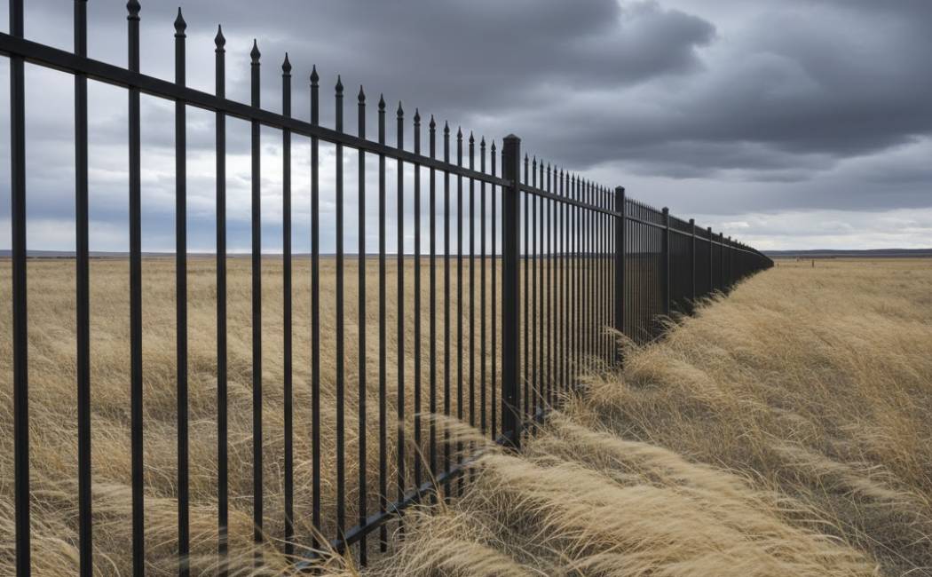 Powder-coated metal fence standing strong on windy Montana prairie