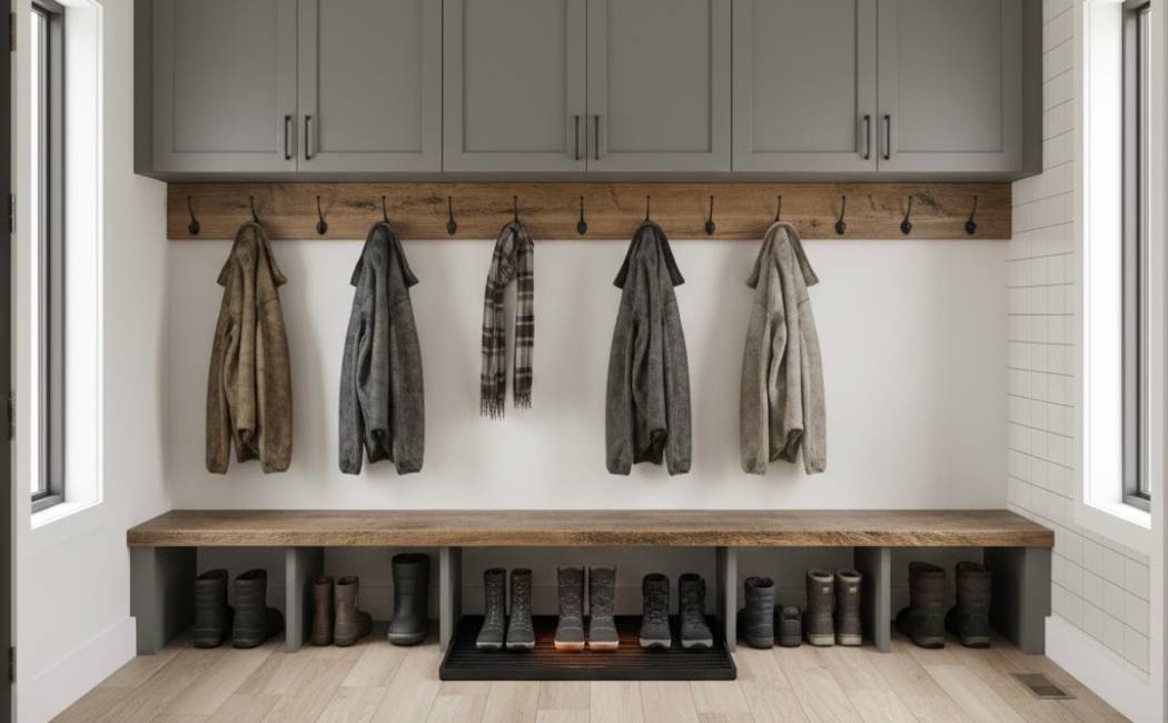 Custom mudroom with built-in storage and boot racks for Montana winters
