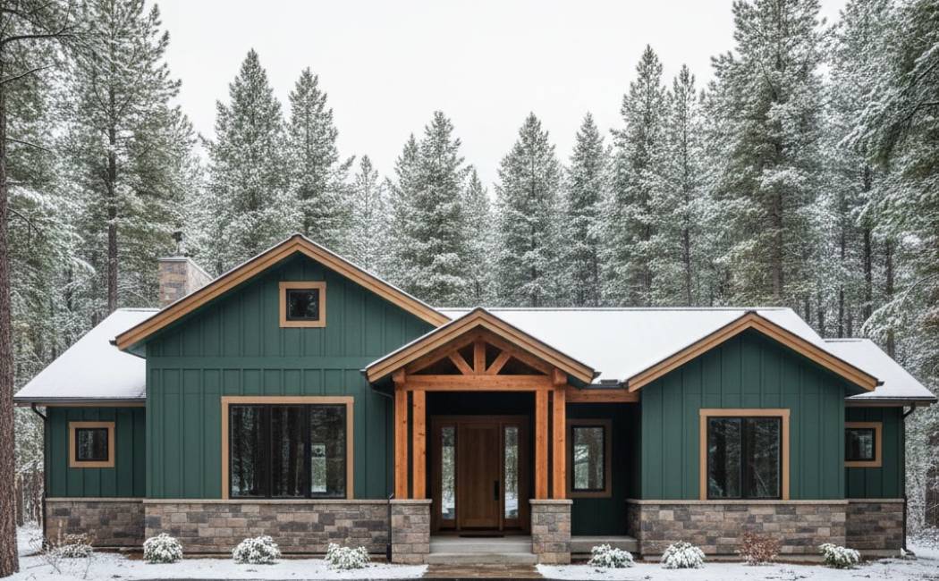 Craftsman home with deep evergreen siding and tan accents in a forested Montana setting.