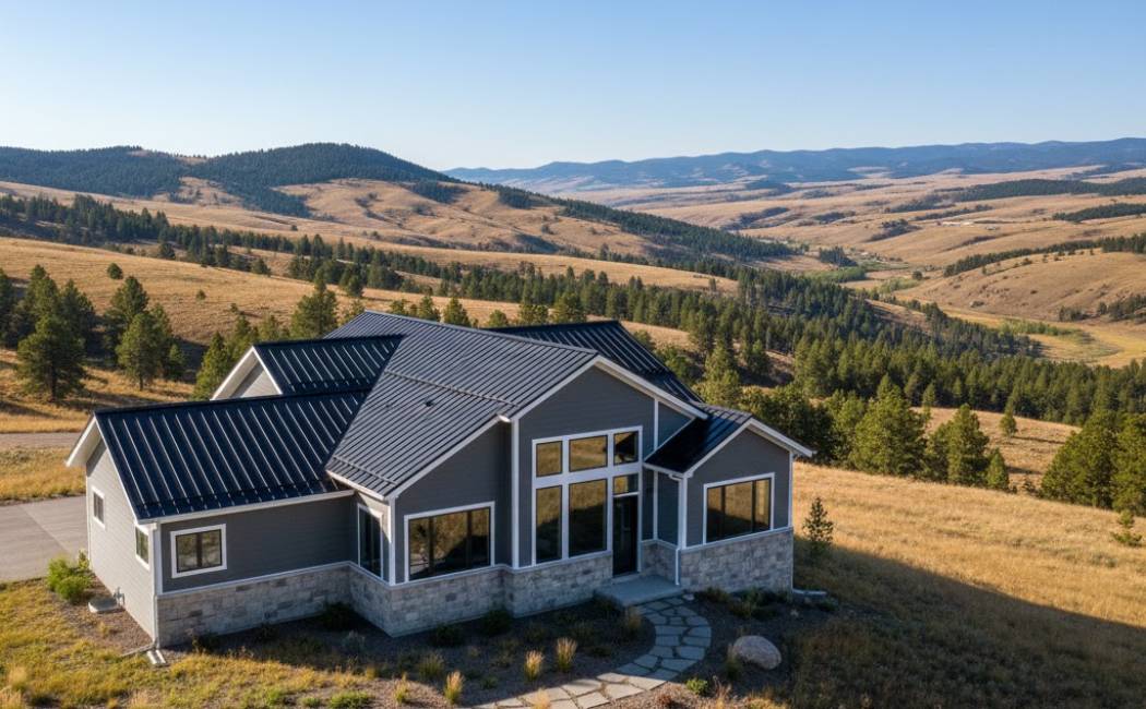 Modern farmhouse with navy siding and cedar highlights at twilight.