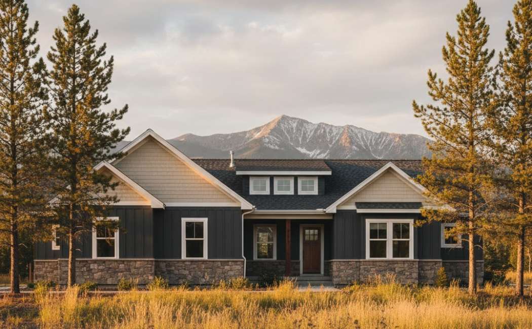Montana home with charcoal and sand cream two-tone siding, white trim, and stone base against mountain backdrop.