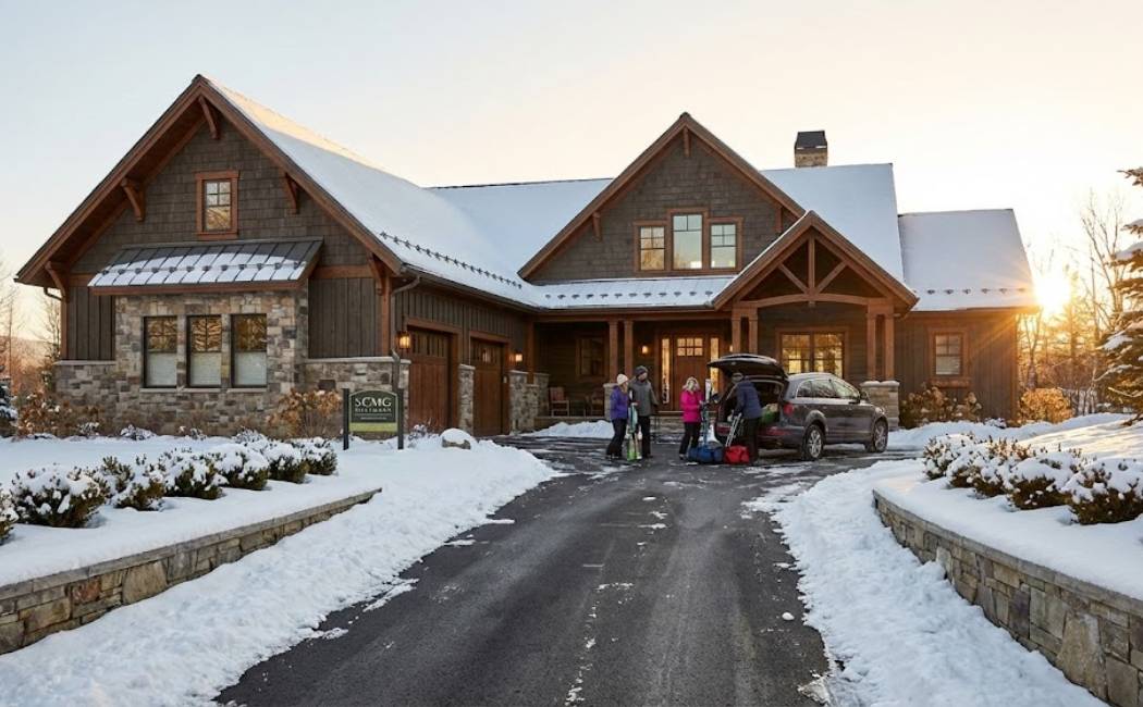 Finished custom Montana home with strong roofline and family arriving in winter.