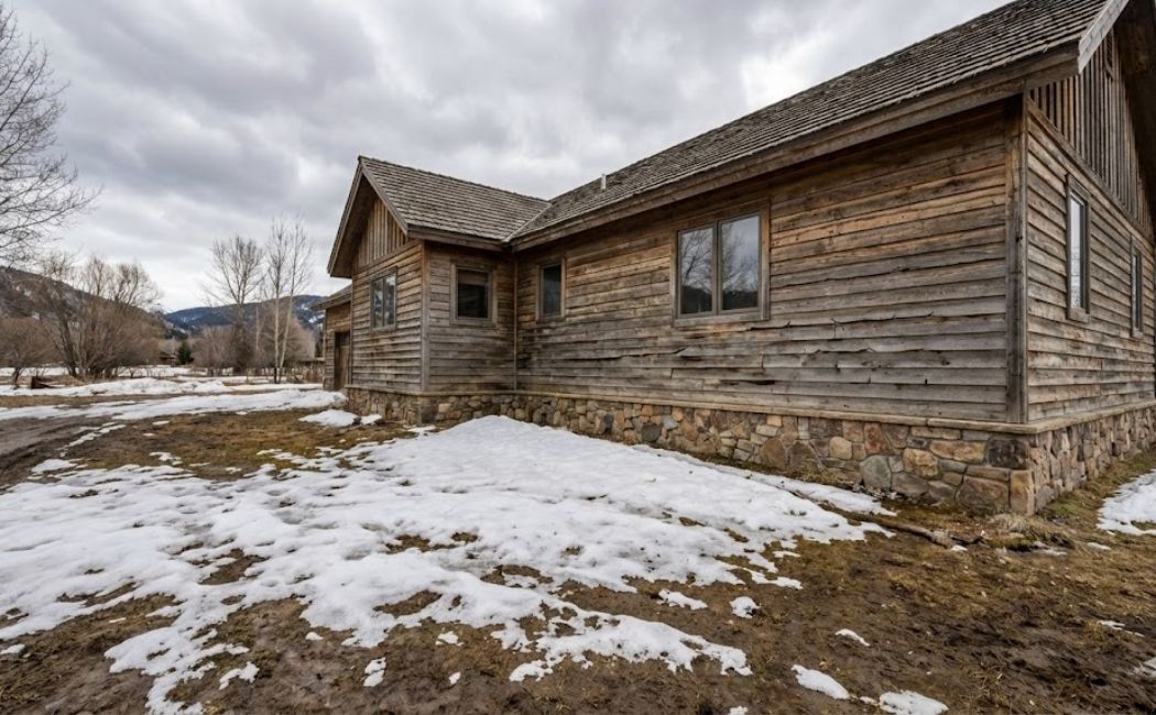 Montana home exterior after winter, showing wood siding damage from snow and ice