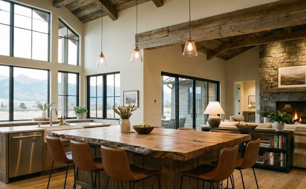 Montana home remodeling trends for 2026 with open floor plan and natural wood finishes