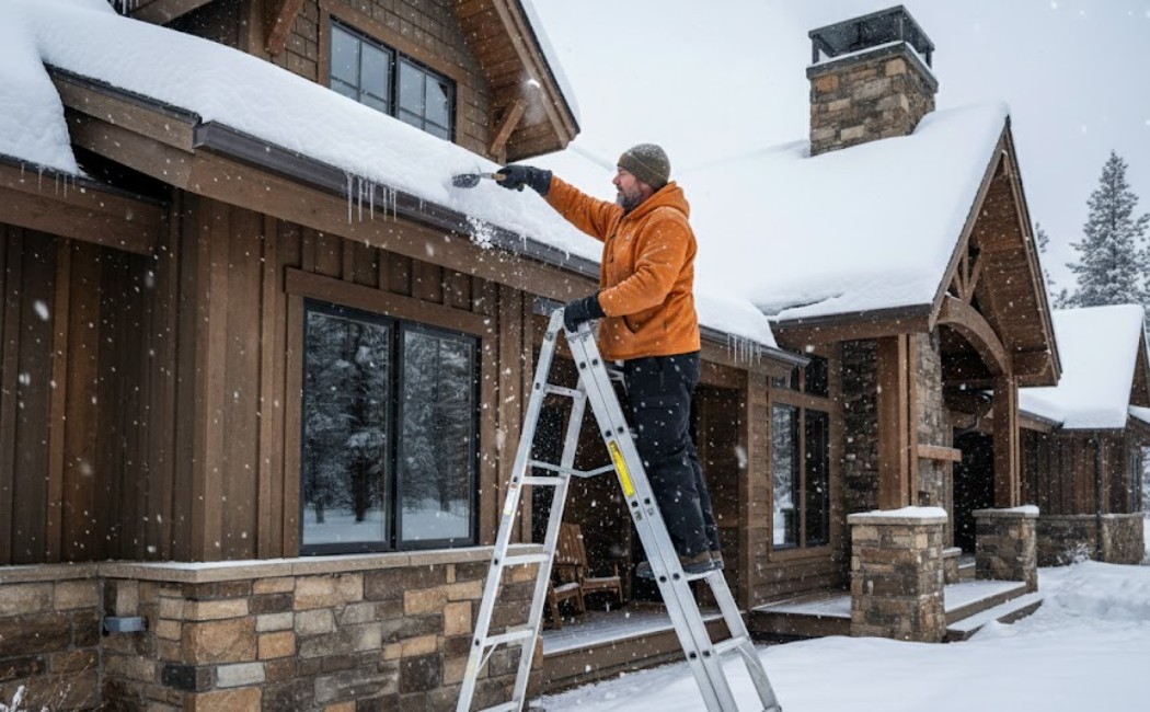 Homeowner cleaning snow-filled gutters on a Montana house