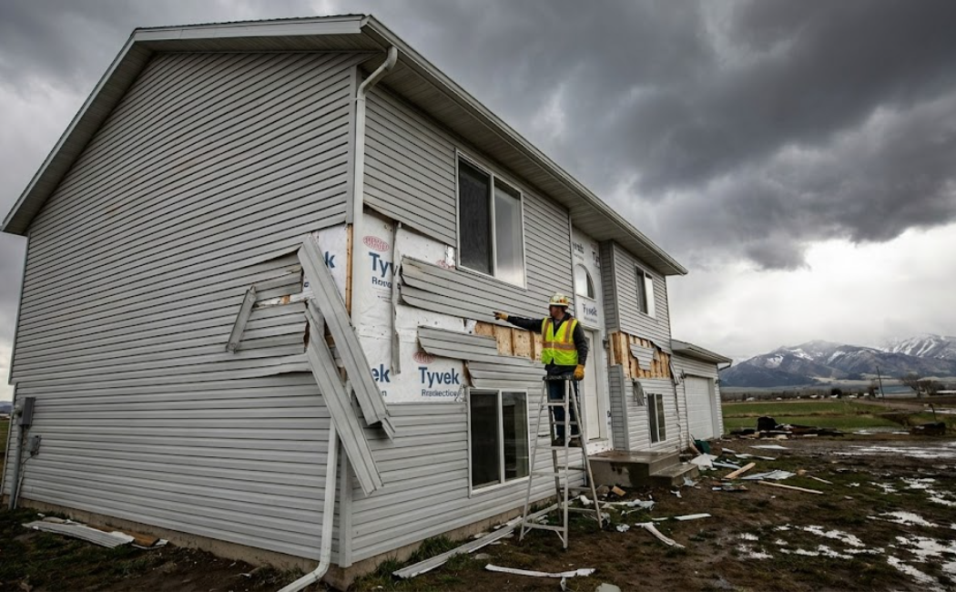 Emergency siding repair after a Montana storm, showinga damaged house exterior