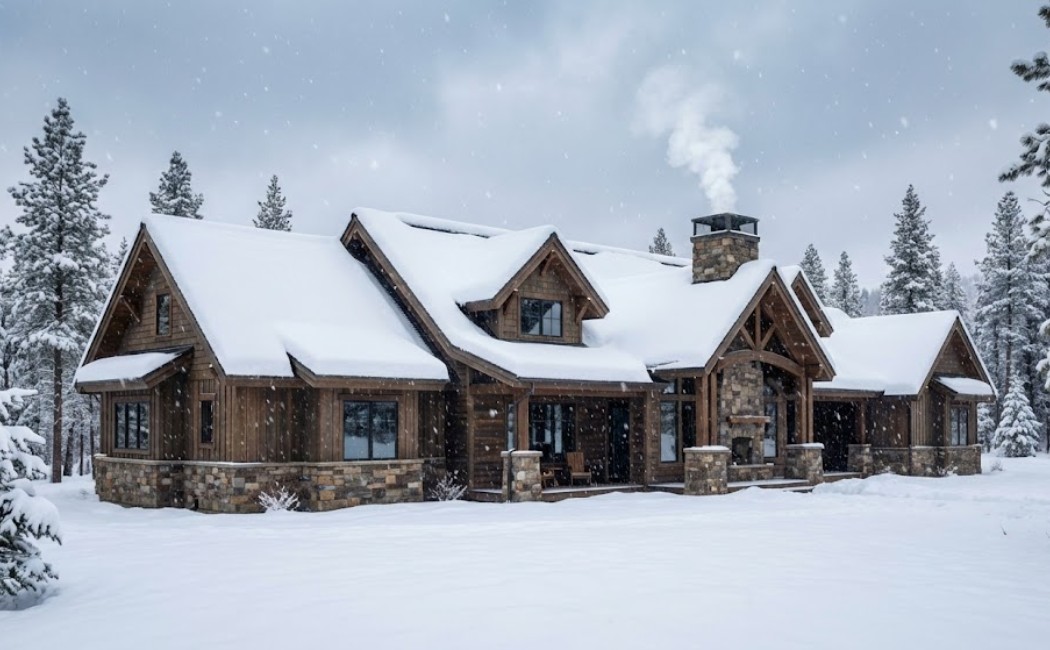 Montana home exterior prepared for winter with snow covered roof and maintained siding