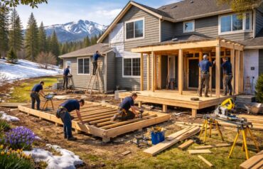 Montana home exterior construction in April with siding, framing, and decking under clear spring weather.