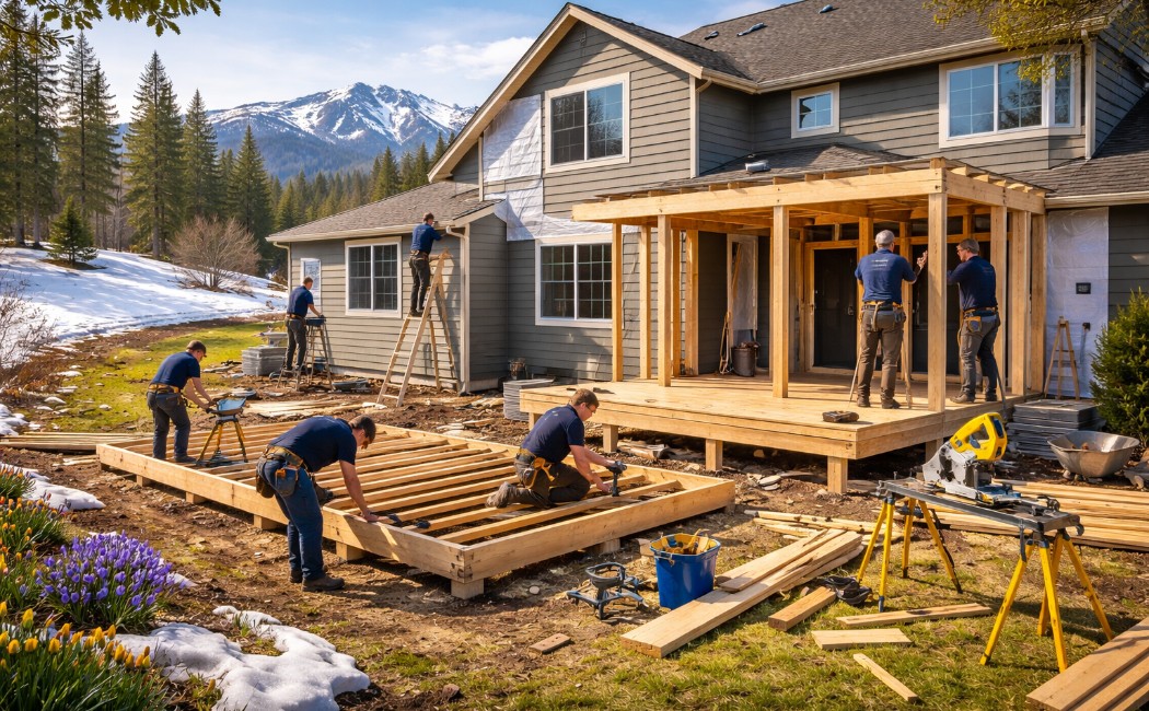 Montana home exterior construction in April with siding, framing, and decking under clear spring weather.