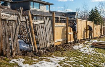 Damaged wooden fence after winter with leaning panels and broken posts being repaired in a residential backyard during spring