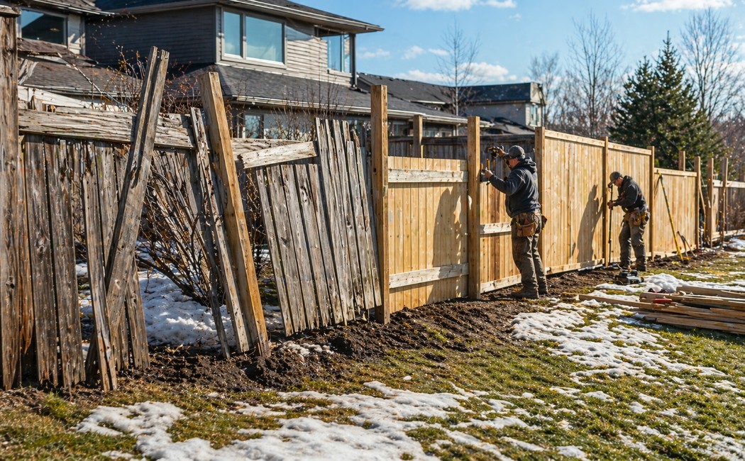 Damaged wooden fence after winter with leaning panels and broken posts being repaired in a residential backyard during spring