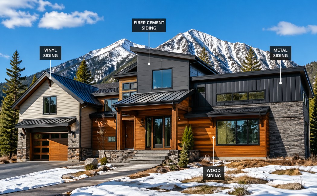 Modern Montana home featuring vinyl, fiber cement, wood, and metal siding designed for harsh weather durability and energy efficiency