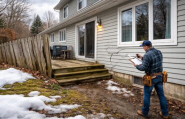Spring home inspection showing winter damage to siding, fence, and exterior carpentry