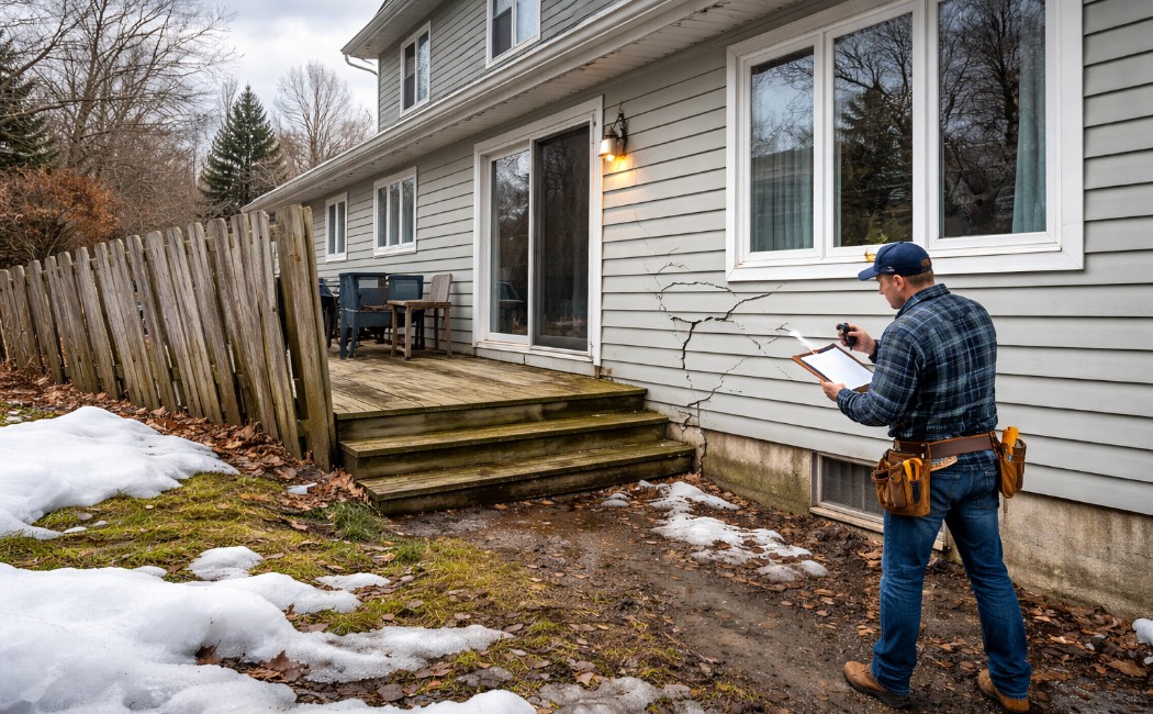 Spring home inspection showing winter damage to siding, fence, and exterior carpentry