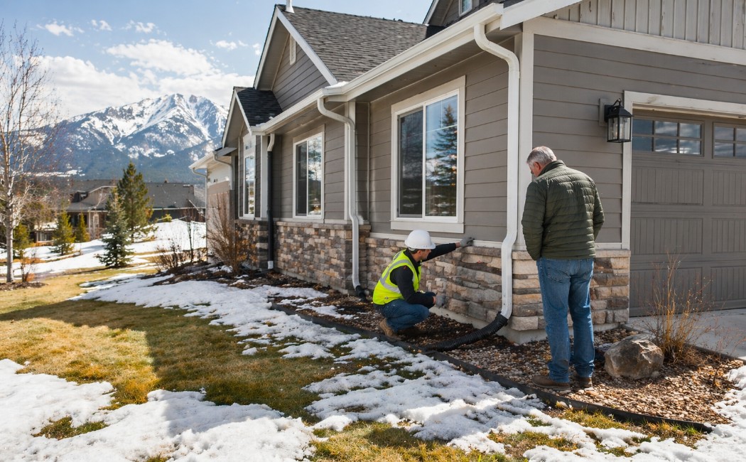 April home exterior inspection in Montana after snow melt with roof, siding, and drainage check