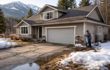 Montana home showing winter damage signs, including roof sagging, cracked driveway, and siding issues during spring snowmelt