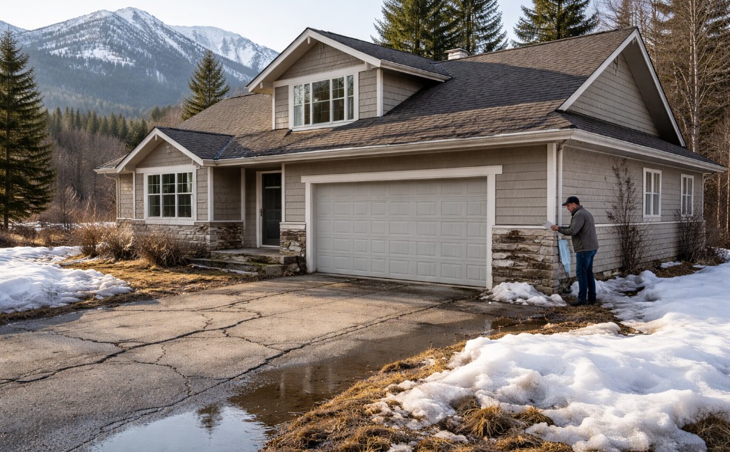 Montana home showing winter damage signs, including roof sagging, cracked driveway, and siding issues during spring snowmelt