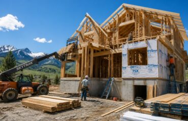 Home construction site in Montana during May showing framing and siding work under ideal weather conditions