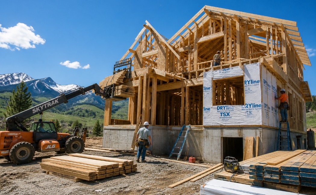 Home construction site in Montana during May showing framing and siding work under ideal weather conditions