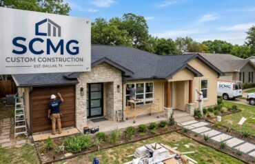 SCMG-Custom-Construction-Exterior-Renovation-Services SCMG Custom Construction crew working on a modern home exterior renovation with stone siding and wood panels.