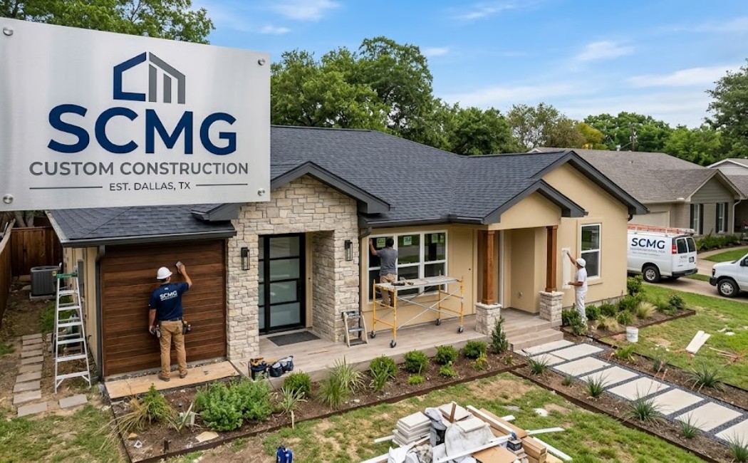 SCMG Custom Construction crew working on a modern home exterior renovation with stone siding and wood panels.