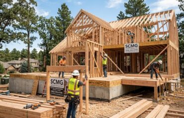 SCMG Custom Construction workers are installing a wooden framing structure for a luxury residential home building project SCMG-Custom-Construction-Home-Framing-Services