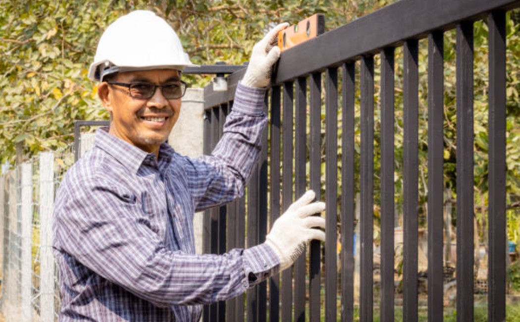 Professional fence contractors installing an entrance gate