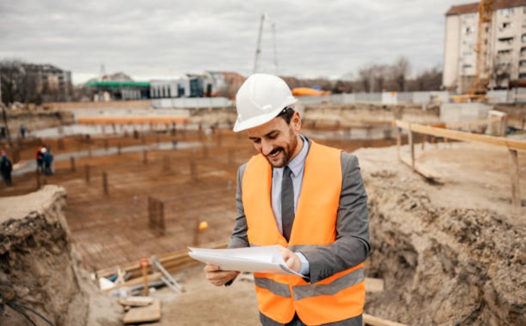 Construction site supervisor reviewing paperwork at building reconstruction 