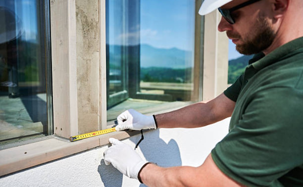 Construction worker measuring a window frame before installation.